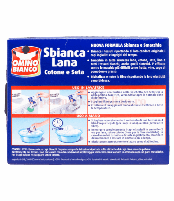 Aditiv pete Omino Bianco pentru lână, bumbac și mătase 5 pliculețe